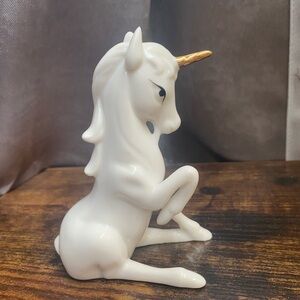 Vintage 1980s Enesco White Unicorn Figurine Gold Horn Porcelain EUC Collectible